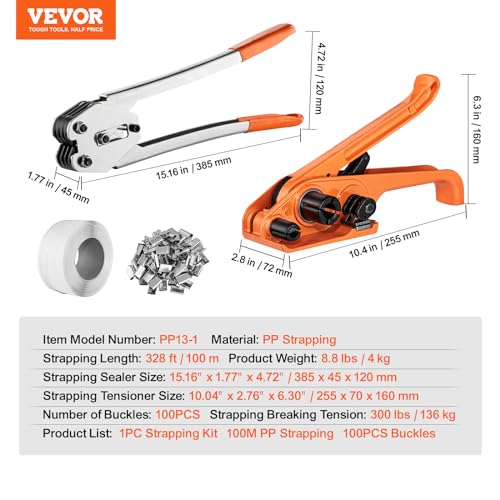 Image of VEVOR PP Banding Strapping Kit with Strapping Tensioner Tool, Banding Sealer Tool, 328 ft Length, 100 Metal Seals, Pallet Packaging Strapping Banding Kit, Banding Packaging Strapping for Packing