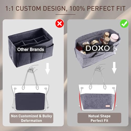 Image of Doxo Purse Organizer Insert for Handbags & Base Shaper 2pc Set, Felt Neverfull MM Organizer Insert, Tote Bag Organizer with Zipper Pocket and Bottle Holder, Fit Speedy 30 Neverfull MM and More,Gray-L