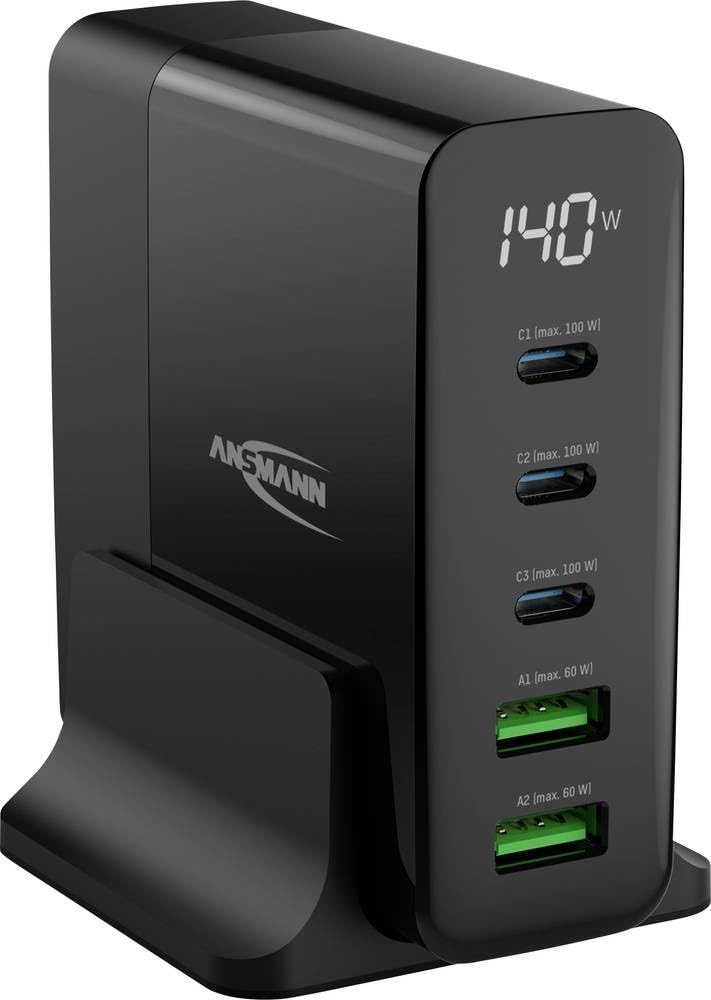 ANSMANN 5-Port USB Charger with up to 140 W/Power Delivery and Quick Charge 3.0 Charger with Intelligent Charging Control/Ideal for Smartphone, Tablet, Table Fan, LED Devices, etc.