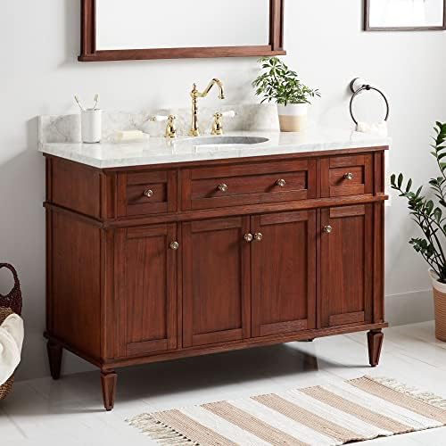 Signature Hardware 464841 Elmdale 48" Free Standing Single Vanity Set with Mahogany Cabinet, Vanity Top, and Oval Undermount Vitreous China Sink - 8" Faucet Holes - Antique Brown/Carrara Marble