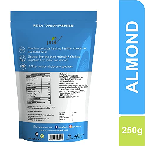 Image of ProV Premium California Almonds | Natural Whole Badam Rich in Protein Vitamin E & Healthy Fats | Crunchy Daily Dry Fruit Snack | Nuts | 250g