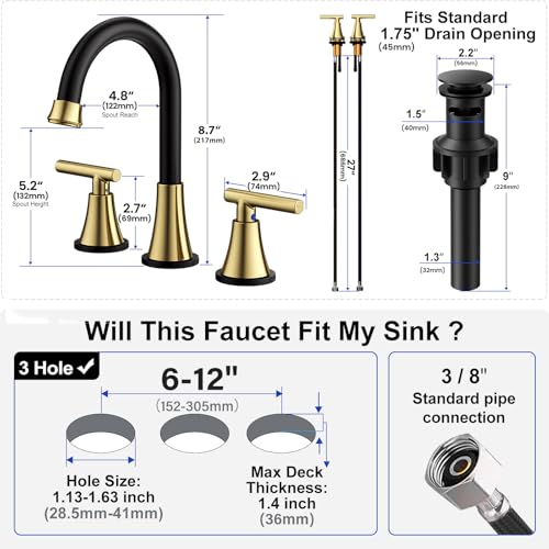 Image of Bathroom Faucet 3 Hole, Black& Gold Faucets with Drain and Supply Lines | Hurran Stainless Steel Lead-Free Widespread Bathroom Sink Faucet for Vanity RV Restroom Laundry Outdoor Camper, 2 Pack