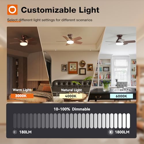 Image of addlon Ceiling Fans with Lights, 32 Inch Low Profile Ceiling Fan with Light and Remote Control, Flush Mount, Reversible, 3CCT, Dimmable, Quiet, Brown Small Ceiling Fan for Bedroom Indoor /Outdoor Use