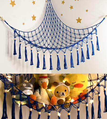 LICKLIP Corner Stuffed Animal Hammock With LED Light - Boho Macrame Toy Storage Net For Nursery & Bedroom