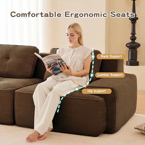 Image of 82 inch L Shaped Modular Boneless Couch with Movable Ottoman, 2 Seat, Soft Corduroy Fabric, Deep Seat Cloud sectional Sofa with Pearl Like Piping and Tufted Design, No Assembly, Anti Slip, Brown