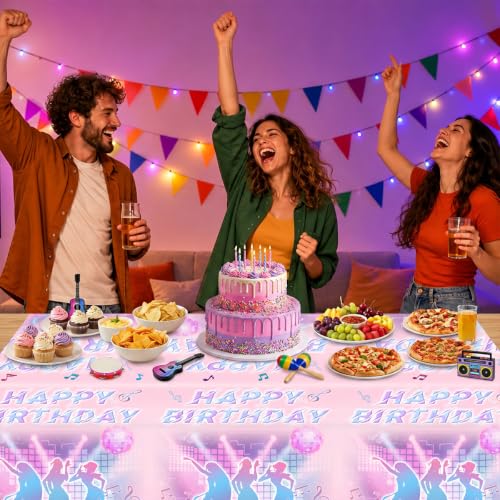 Image of 3 PCS Pink Disposable Music Party Tablecloth, Plastic Magical Music Themed Disposable Plastic Table Covers, 108 inchx54 inch