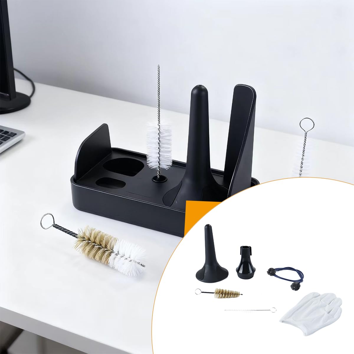 Ausi Kit de mantenimiento de trompeta de 7 piezas con soporte portátil, cepillos de limpieza y silenciador para el cuidado diario y la práctica silenciosa.