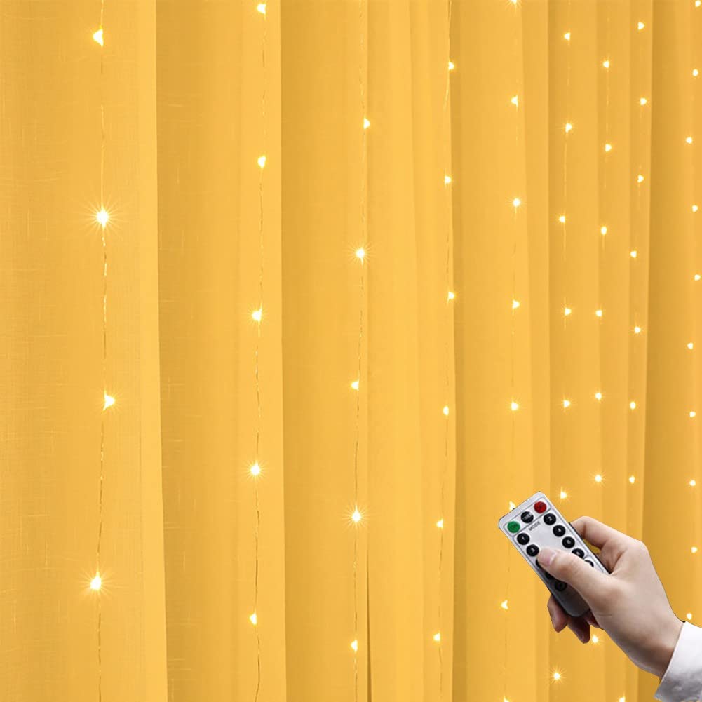 JANRONCurtain Lights,3Mx3M 300 LED Curtain Fairy Lights 8 Modes Remote Control Waterproof Window Lights with USB Plug in Powered,Copper Wire Light for Wedding Party Christmas Decorative