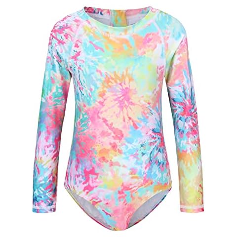 Zestonie Big Girls Long Sleeve Rash Guard One Piece Swimsuits for Kids Tie Dye Bathing Suit UPF 50+ Swim Shirts Blossom Tie Dye Size 10/8-10 Years Cover