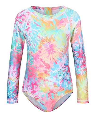 Girls Long Sleeve Rash Guard One Piece Swimsuits for Kids Tie Dye Bathing Suit UPF 50+ Swim Shirts 3-16 Years
