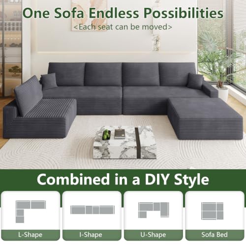 Image of Oversized Modular Sectional Sofa Couch,Large 6 Seater Corner Sofa Modern U Shaped Sectional Couch with Ottoman Cloud Couches for Living Room,Office,Spacious Space,Corduroy,No Assembly,Dark Grey