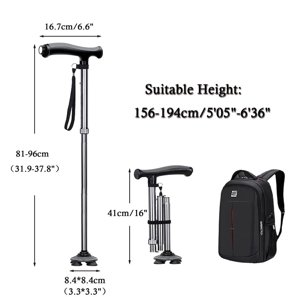 Bastón Plegable con Luz LED, Regulable en Altura, Bastón Cuádruple Ligero para Hombres y Mujeres (Color : Plata)