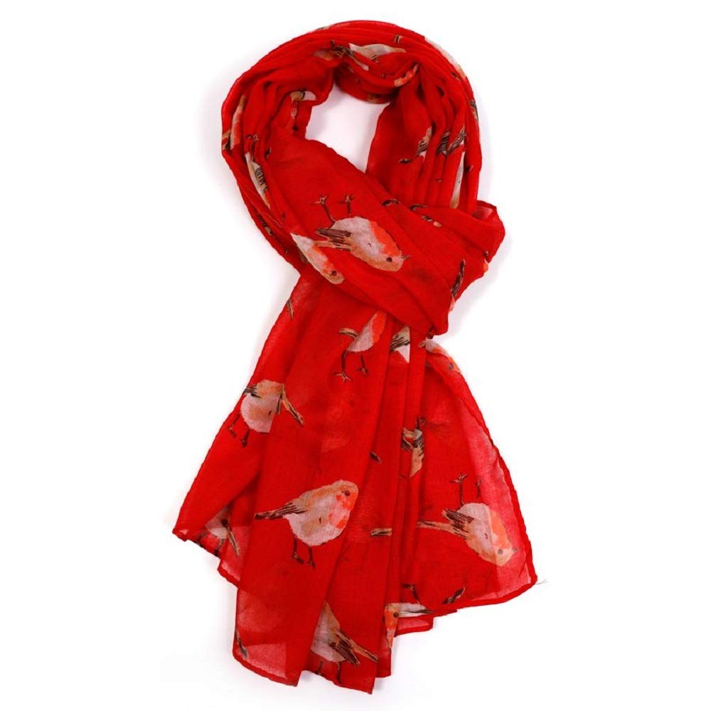 Lilyrosa Women's Red Grey Robin Scarf, White Blue Robins Bird Scarves Shawl Wrap (Red)
