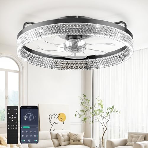 Ceiling Fan with Lights,20" Flush Mount Ceiling Fans with Light,6 Speeds 3CCT Dimmable LED, Quiet DC Motor for Bedroom Living Room Modern Ceiling Fans with Lights 20 Inch Glossy Black