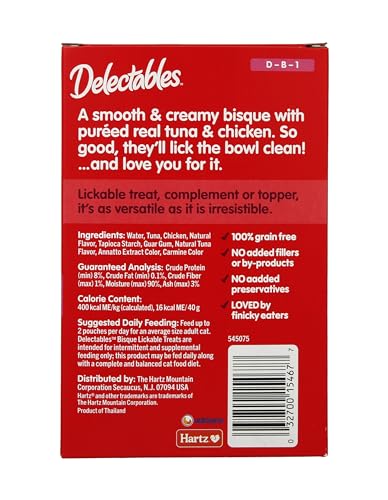 Image of Delectables Lickable Treat Bisque Non-Seafood Wet Cat Treat with Real Tuna & Chicken, Food Topper, Hydrating, Grain-Free, No Fillers, By-Products, Added Preservatives, 1.4oz Pouch, 30ct