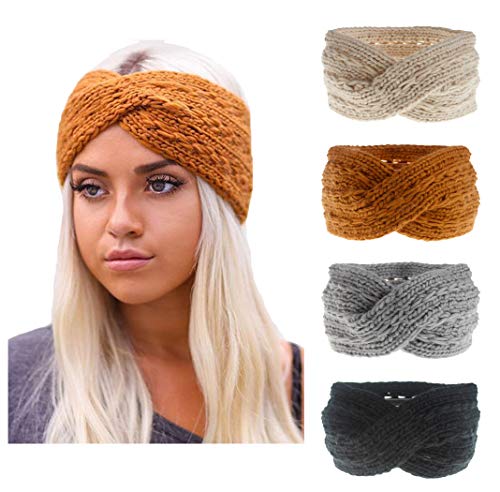 DANMY Womens Winter Knitted Headband Soft Crochet Knotting Hair Band Turban Headwrap Hat Cap (beige yellow gray black (4pcs))