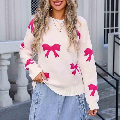 Women Y2k Bow Knit Sweater Crew Neck Long Sleeve Knitted Tunic Pullover Teen Girls Outdoor Casual Floral Knitwear2