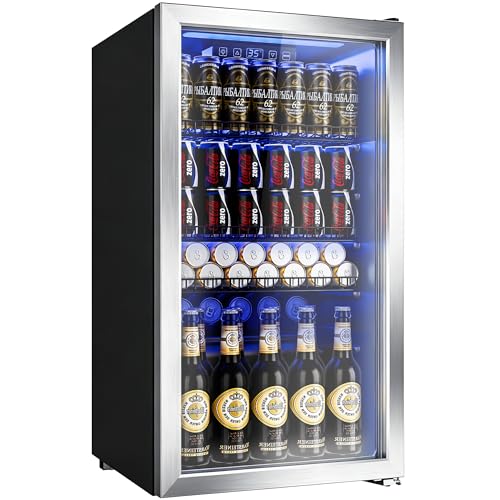 Image of Manastin Beverage Refrigerator Cooler-Mini Fridge Freestanding Cooler with Glass Door, Adjustable Shelves & Digital Temperature Display for Soda, Wine or Beer (Silver, 3.2 Cu.Ft)