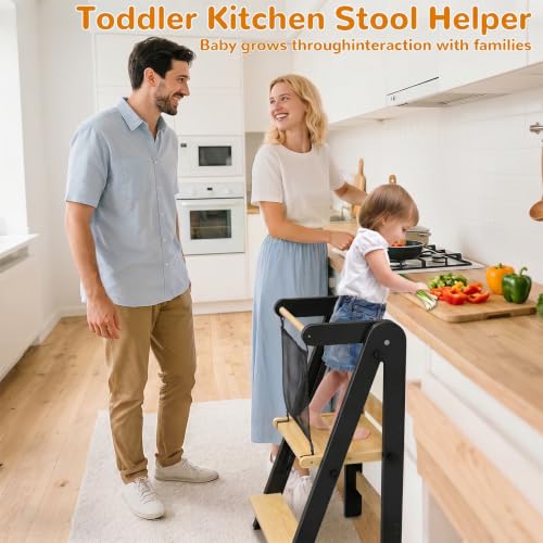 Image of ROOMTEC Foldable Toddler Kitchen Tower, 3 Adjustable Height Wooden Step Stool, Toddler Standing Tower with Safety Net (Black)