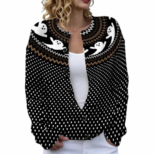 Halloween Sweaters for Women Spooky Season Ghost Graphic Button Fall Knitted Cardigan - image 3
