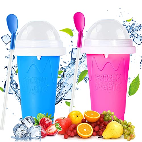 Slushy Maker Cup Slushie Cup Frozen Magic Cup Squeeze Cup Double Layer Slushy Maker DIY Homemade Smoothie Cups (Blue+Pink)