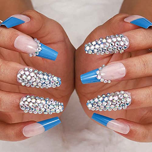 Outyua 3D Rhinstone Press on Nails with Designs Shimmer Coffin Extra Long Fake Nails Ballerina Pink Super Long False Nails Acrylic Full Cover Artificial Nail for Women and Girls 24pcs (Blue)
