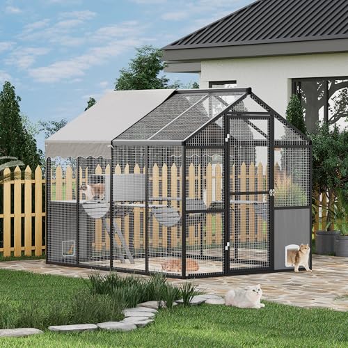 Large Outdoor Cat Enclosure for Multiple Cats - Weatherproof Catio with UV Cover, Platform & Side Door, 70" L x 95" W x 76" H