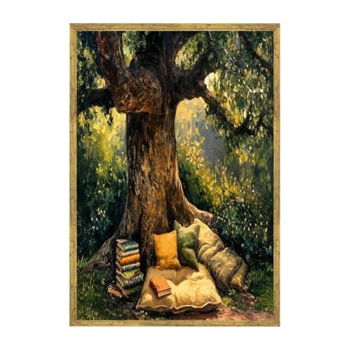 Framed Cozy Tree Reading Corner Canvas Print, Stunning Nature Landscape