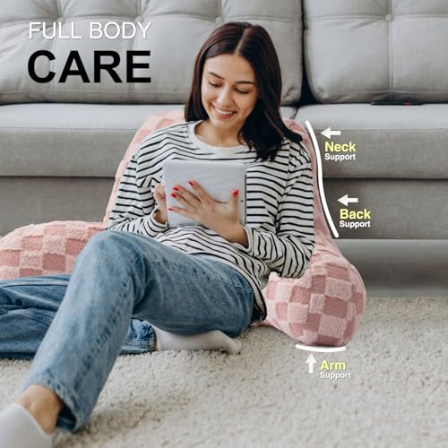 Image of Aimuan Reading Pillow Checkered Bed Rest Wedge Backrest Checkerboard Pillow with Arms Back Support for Sitting Up in Bed Cushion Incline Rest Sleeping Snoring Pillow, Pink