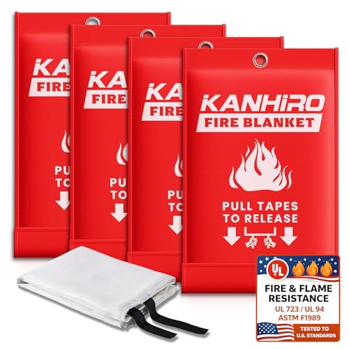 Emergency Fire Blanket for Home Kitchen - KANHIRO Fiberglass Fire Suppression Blanket Great for School, Fireplace, Grill, Car, Office, Warehouse (4 Pack, 39 in X 39 in)