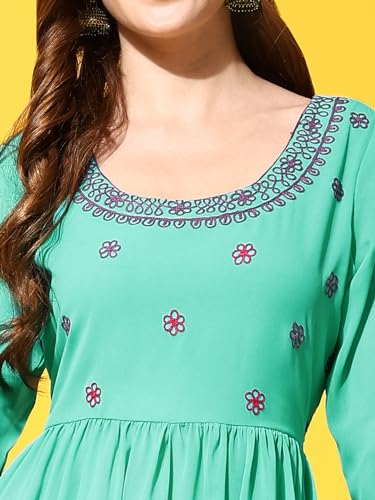 Image of PH POSHAKHUB Women A-Line Nyra Cut Kurta with Sharara in Georgette with Aari Work