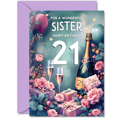 Giftzie Cartão de aniversário número 21 para irmã, presente rosa, garrafa de champanhe, belos cartões de aniversário para mulheres de 21 anos, cartões de felicitação de 5 x 7 polegadas