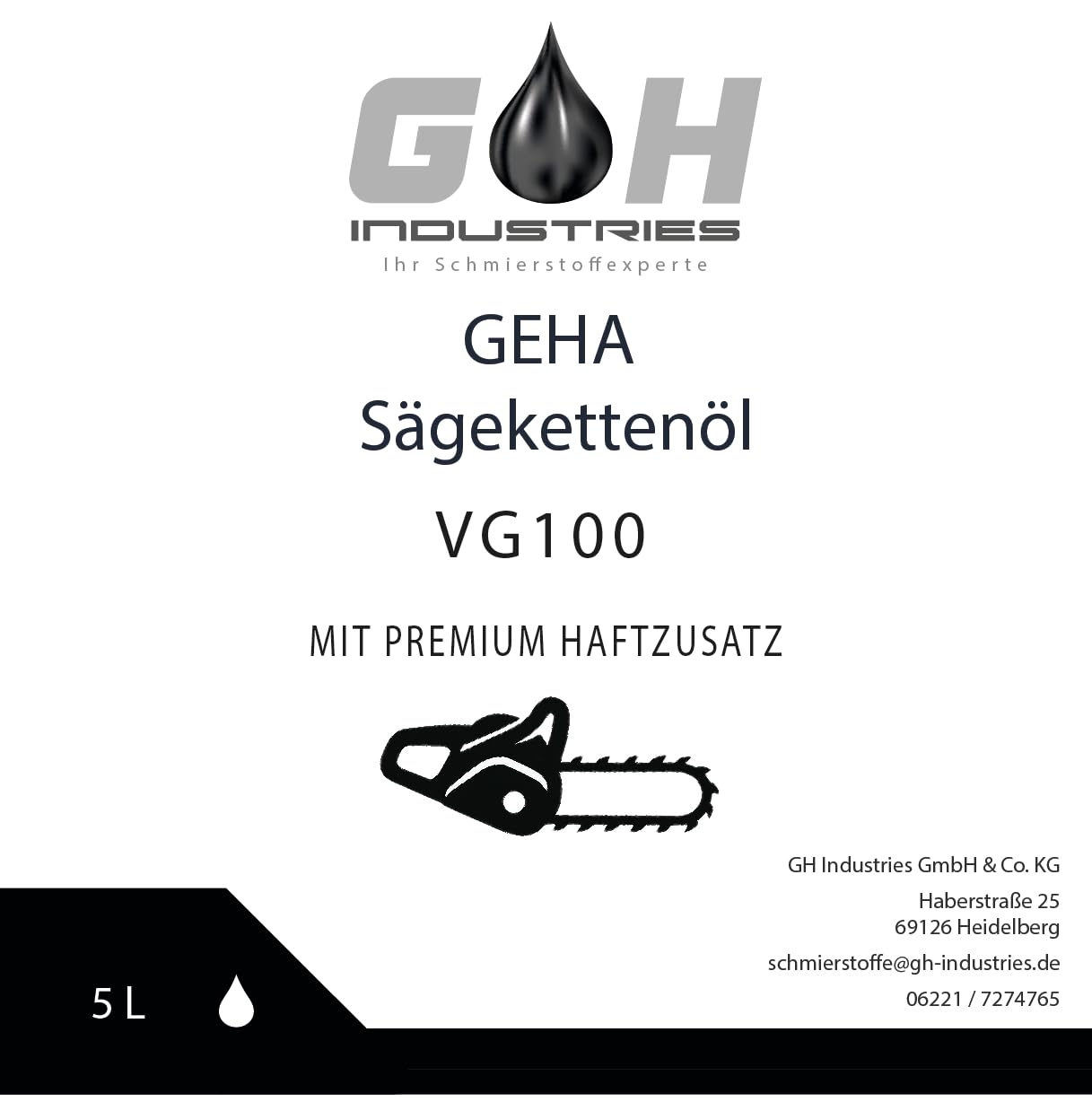 Sägekettenöl VG 100 | 5 L | Hochwertiges Kettenöl für Motorsägen | Starke Haftung & Verschleißschutz | kompatibel mit Stihl, Husqvarna, Makita & Dolmar| Profi Kettensägenöl | Sägekettenhaftöl | GEHA