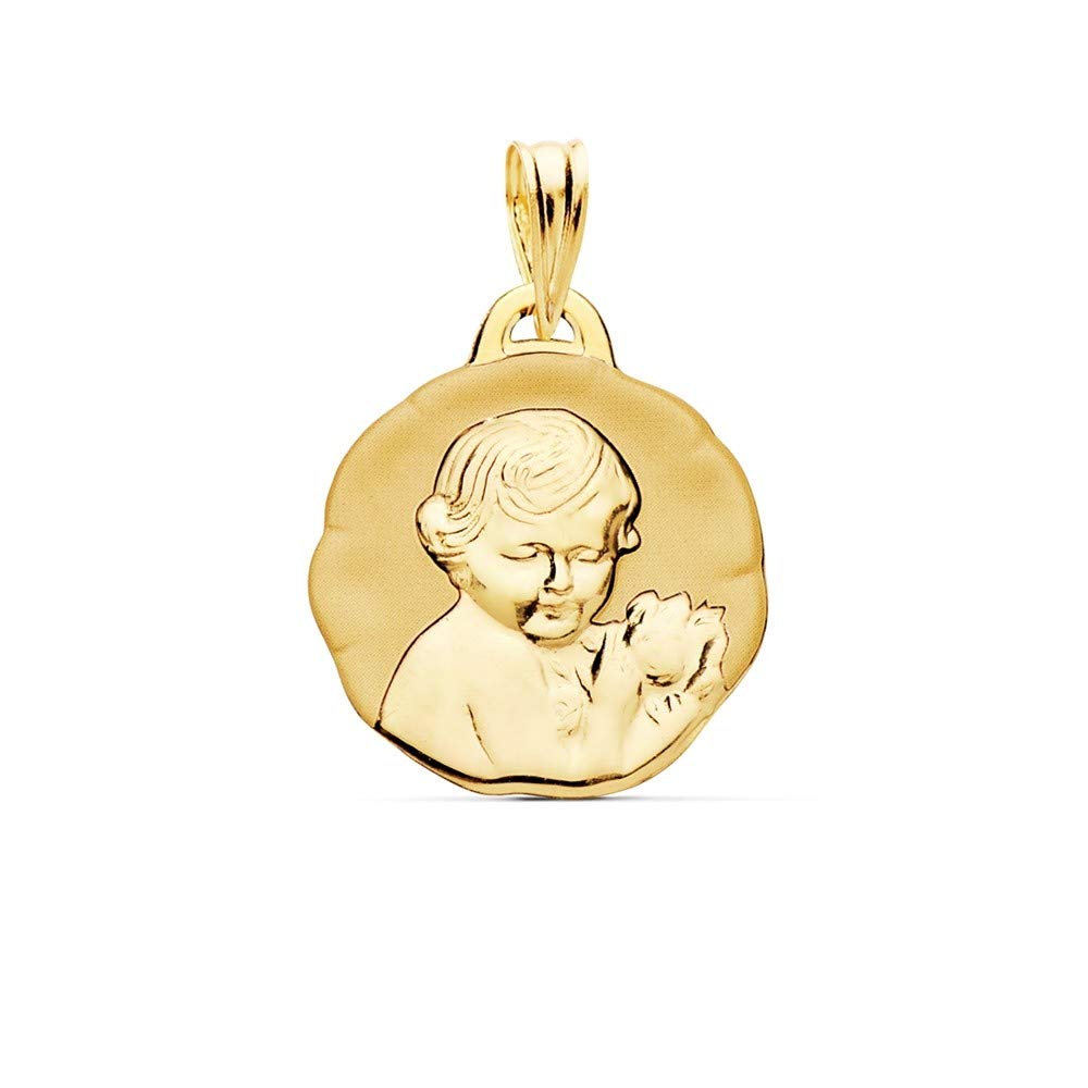 Medalla oro 18k Niño de la Flor 19mm. relieve acabado mate brillo