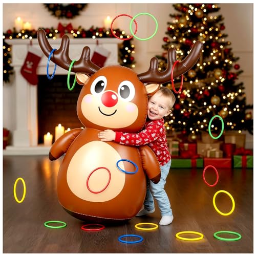 Christmas Games for Family Party，Inflatable Reindeer Antler Ring Toss Game and Wobbling Punching...