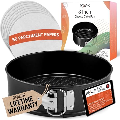 RFAQK Ultimate 8-inch Springform Cake Pan Set with Removable Bottom- Leakproof Non-stick Round Baking Pan with 50Pcs Parchment Papers Perfect for Cheesecakes, Sponge Cakes & More- Bonus E-Book!