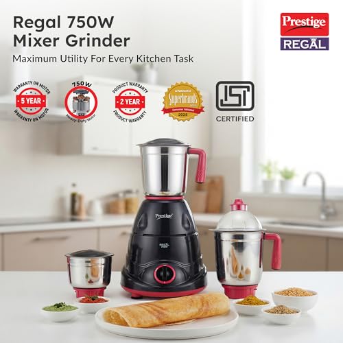 Prestige Regal 750W Mixer Grinder with 3 stainless-steel Jars|Appealing Design|Black and Red view 2