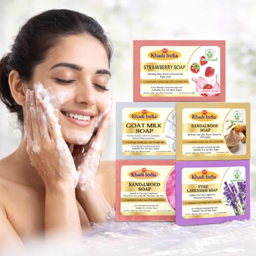 Image of Khadi Organic and Natural Handmade Bathing Soap for Men & Women | Assorted Herbal & Chemical-Free Face and Body Soap for Gentle Cleansing & Healthy Skin (Assorted Natural Bath (Pack of 5))