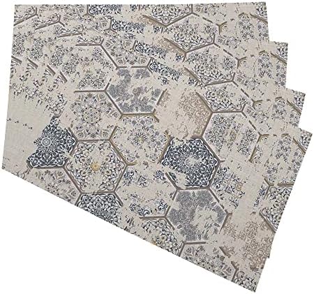 Yibeas Patchwork Tiles Placemats for Kitchen Dining Table Set of 4 Hexagon Pattern Azulejos Tiles Patchwork Vintage Texture Table Mats Linen Washable Heat Resistant Place Mats 12 x 18 Inch
