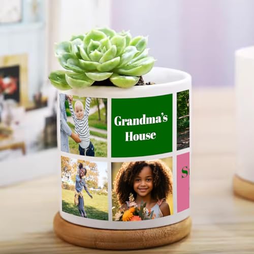 Customized Ceramic Flower Pot with Bamboo Drainage Tray - Add Photos and Text to Personalize - Use as Planter, Desktop Organizer, or Toothbrush Holder (11 oz Classic (7 Images))