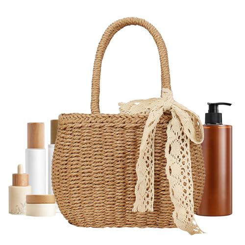 Bolsa de playa de paja - Bolso de verano tejido, bolso de hombro ligero | embrague de paja grande con acento de, cría de viajes hecha a mano para mujeres, de vacaciones para