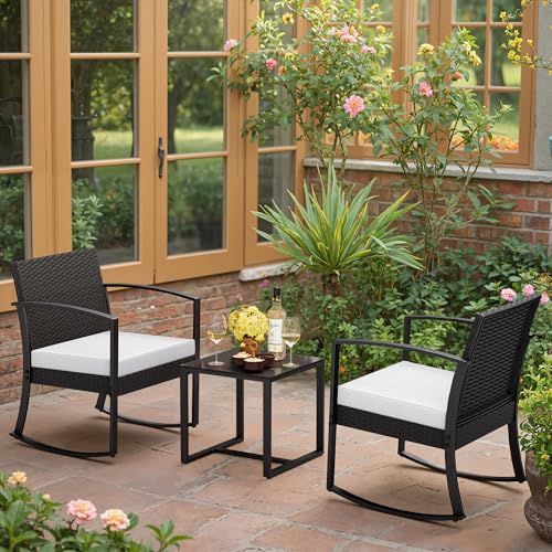 Image of Greesum 3 Pieces Outdoor Furniture Set Patio Bistro Rocking Chairs with Glass Coffee Table for Pool Beach Backyard Balcony Porch Deck Garden, White
