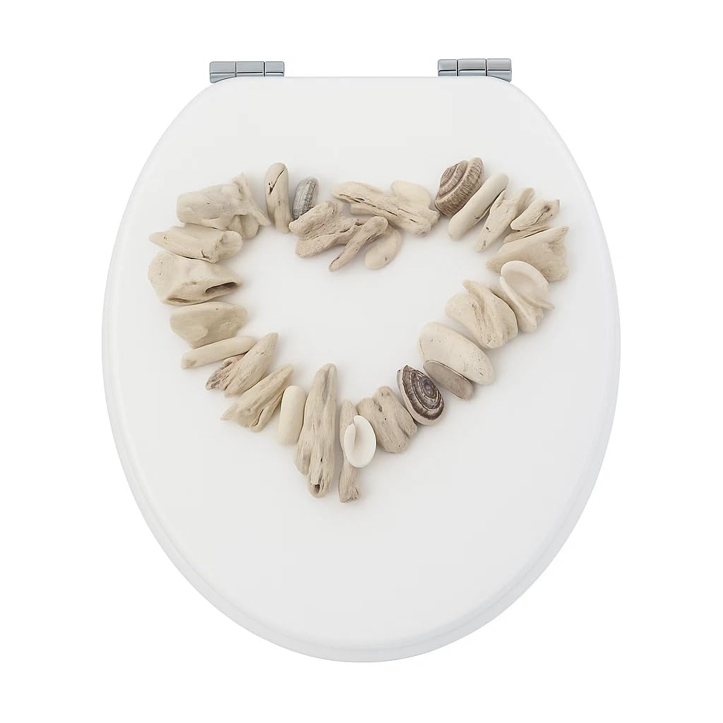18 Inch Universal MDF Wooden Toilet Seat, Novelty Bathroom WC Loo Seat with Easy Fit Fittings for Standard Toilets (Beach & Heart Shells)