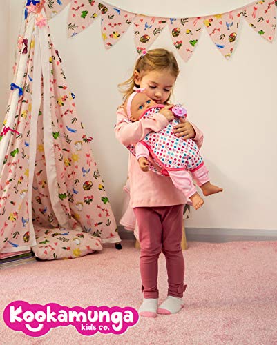 KOOKAMUNGA Kids Baby Doll Carrier | Padded and Soft Front Doll Sling Carrier | for Dolls Up to 18 Inches | Adjustable to Fit Any Child (Pink Unicorn Pattern)