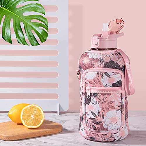 Fimibuke Half Gallon Water Bottle With Sleeve 64 Oz Water Bottle With Handle & Straw Leakproof Motivational Sports Gym Water Bottle With Time Marker Water Jug With Neoprene Holder - Floral Pink #TOP4