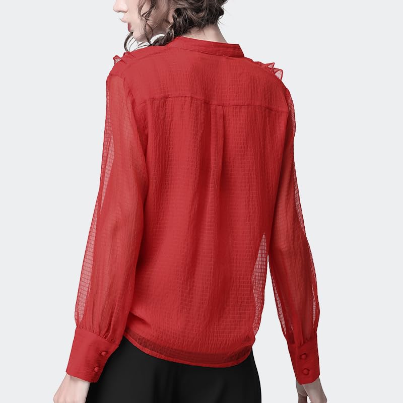 Blusa de Gasa de Manga Larga con Volantes para Mujer, Cuello en V, Color sólido, Cintura Holgada, Camisa Informal de Talla grande Recta para Primavera (En8 XL)