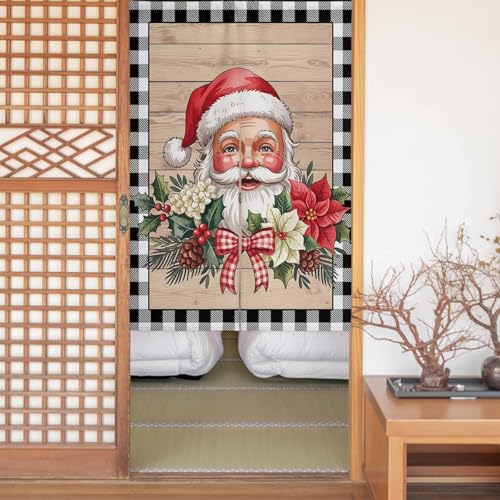 Sauoromeon のれん カーテン 幅85x丈120cm 厚手 遮光 暖簾 ドアカーテン 仕切り 目隠し 通気性 和風 おしゃれ フラット リング対応 ひも付き クリスマス サンタクロース 格子 リボン結び 勝手口 玄関 キッチン リビング 春夏秋冬