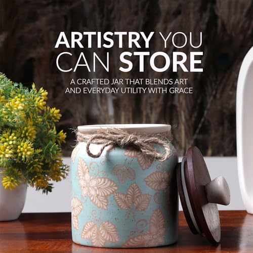Image of Ceramic Storage Jar with Lid | Multipurpose Kitchen Storage Container for Pickle, Spices, Sugar, Tea & Snacks | Durable Airtight Canister for Home & Office (1, Blue, Pack of 1)