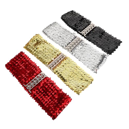 VANZACK 4Pcs Elastic Glitter Stretch Bands with Metal Buckle Stylish Decorative Belts for Women for Party Dressy Events and Casual Wear