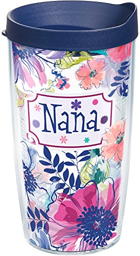 Tervis Blue Line Floral Nana Tumbler with Wrap and Navy Lid 16oz, Clear